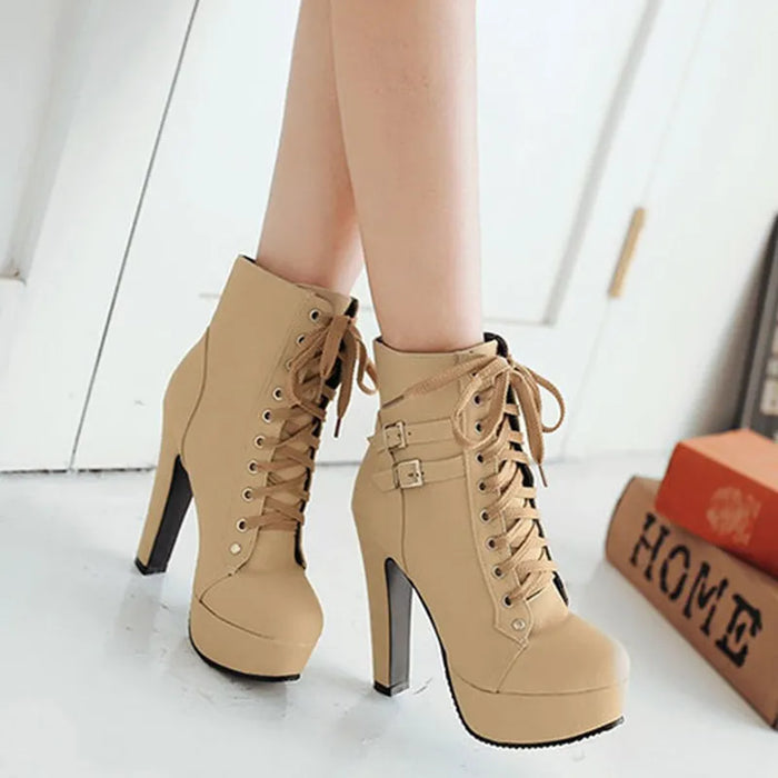 Women's Lace-Up Platform Ankle Boots with Buckle Detail