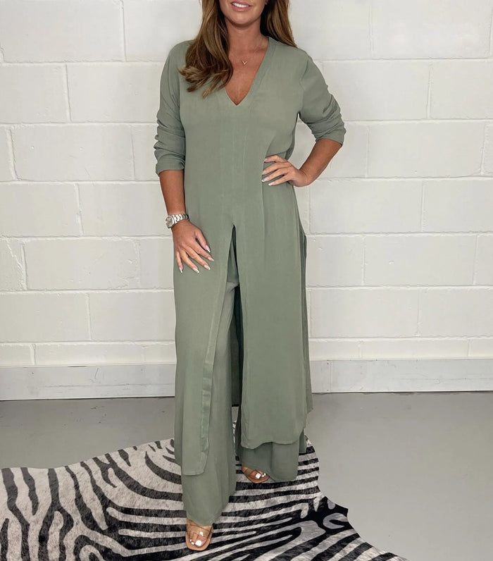 Women's V-Neck Tunic Top Wide-Leg Pants Coordinated Set