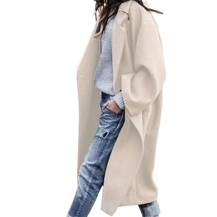 Woman in long oversized lapel coat