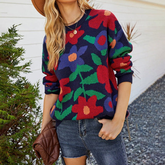 Women's Floral Print Crew Neck Sweater Relaxed Fit
