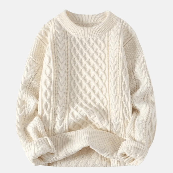 Men's Cable Knit Crewneck Sweater with Ribbed Hem