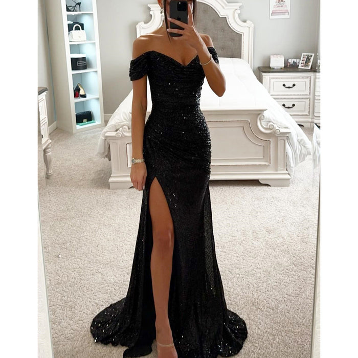 Riley | Sequin Evening Dress with Off-Shoulder Neckline and Slit
