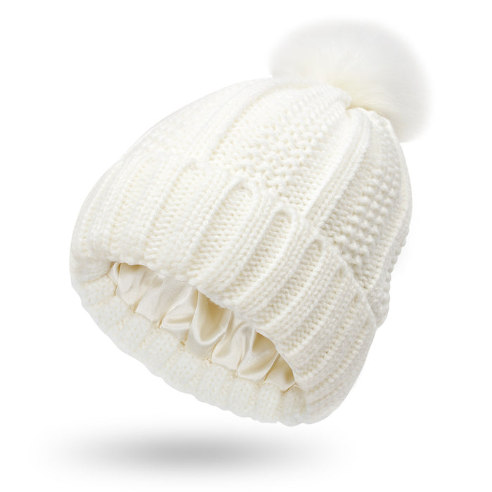Riley | Satin Lined Knit Beanie with Faux Fur Pom Pom