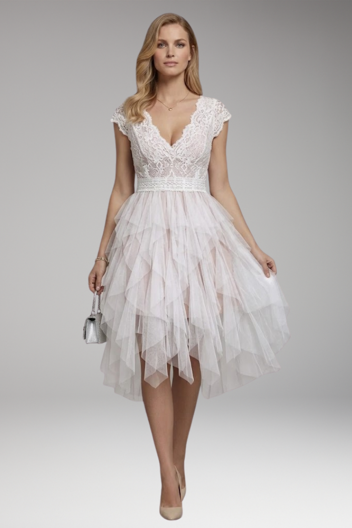 Women's Asymmetrical V-Neck Mesh Dress with Flowy Skirt