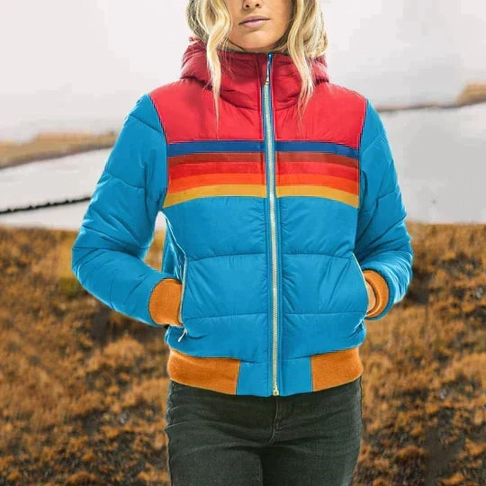 Women's Retro Colorblock Puffer Jacket with Hood