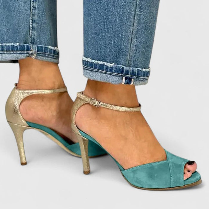 Women's Peep-Toe Ankle Strap Heels with Metallic Accent