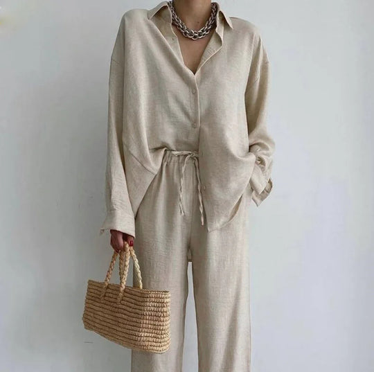 Women's Two-Piece Set Button-Down Shirt Straight Pants