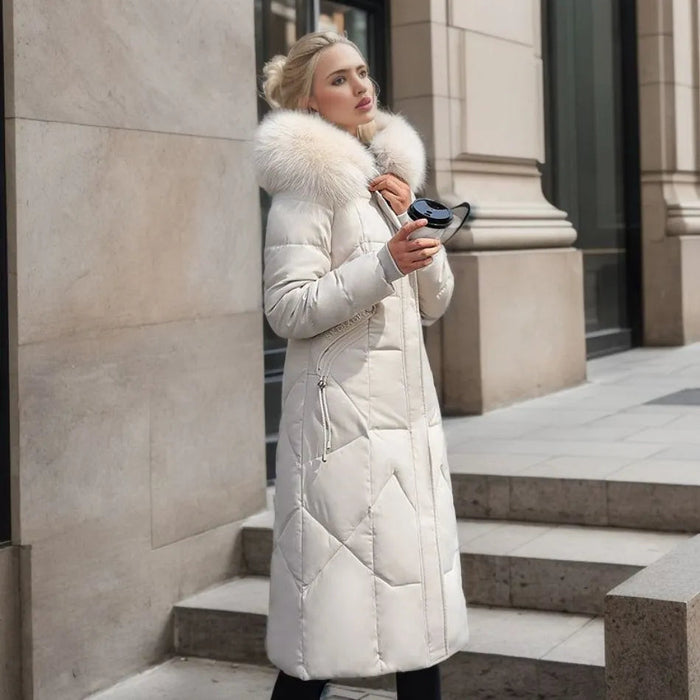 Women's Quilted Puffer Coat Knee-Length with Faux Fur Hood
