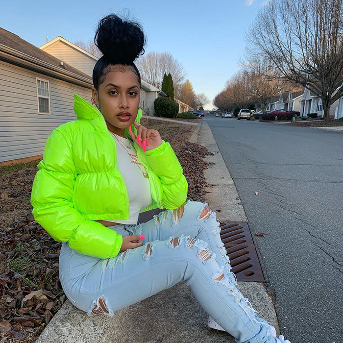 Avery | Glossy Faux Leather Cropped Puffer Jacket