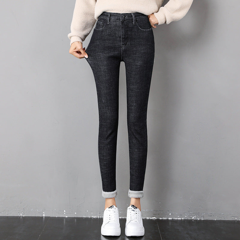 Woman wearing fleece-lined skinny jeans