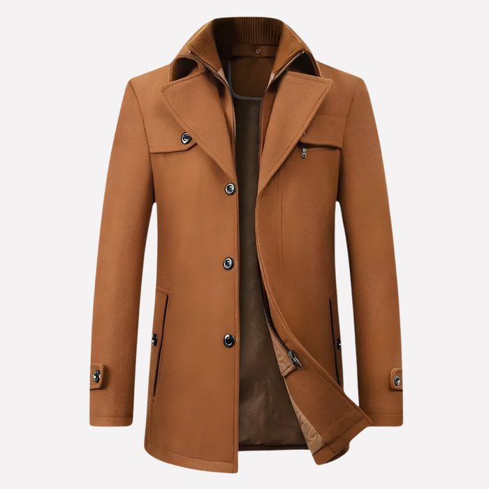 Men's Single-Breasted Wool Coat with Zip Insert