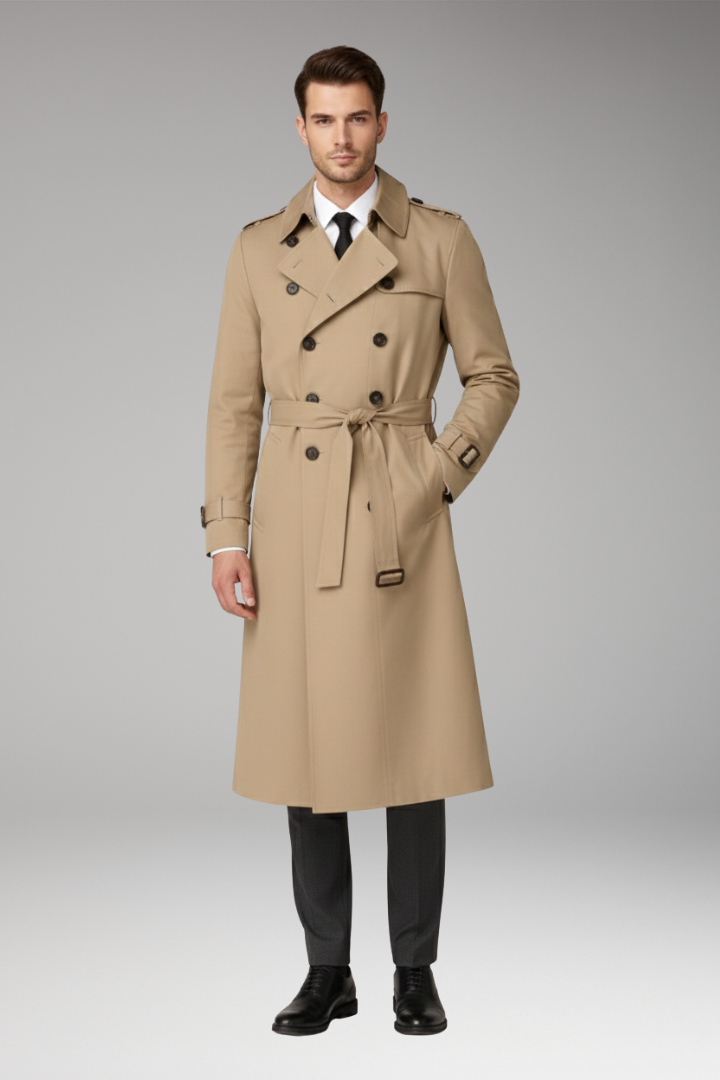 Men's Trench Coat with Belt and Wide Lapels