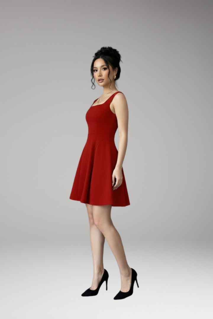 Women's A-Line Dress with Square Neckline and Flowing Skirt