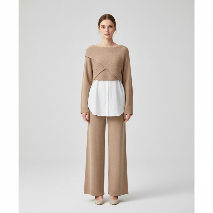 Women's Crossover Knit Shrug Shirt and Wide-Leg Pants Set