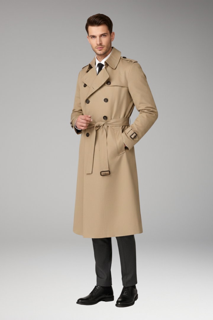 Men's Trench Coat with Belt and Wide Lapels