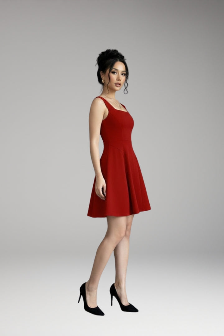 Women's A-Line Dress with Square Neckline and Flowing Skirt