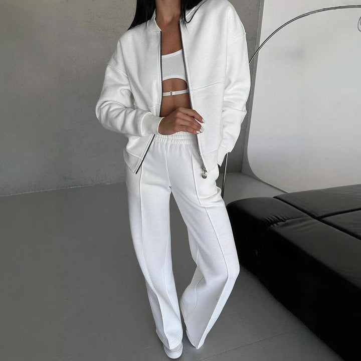 Woman in a zip jacket and wide-leg pants set