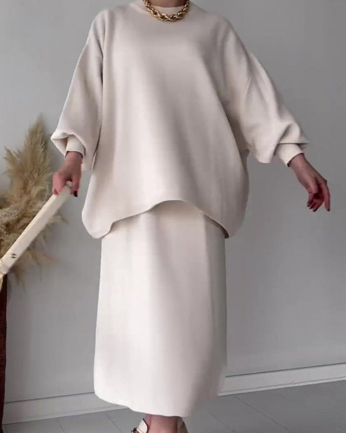 Women's Oversized Two-Piece Set with Crew Neck Top and Maxi Skirt