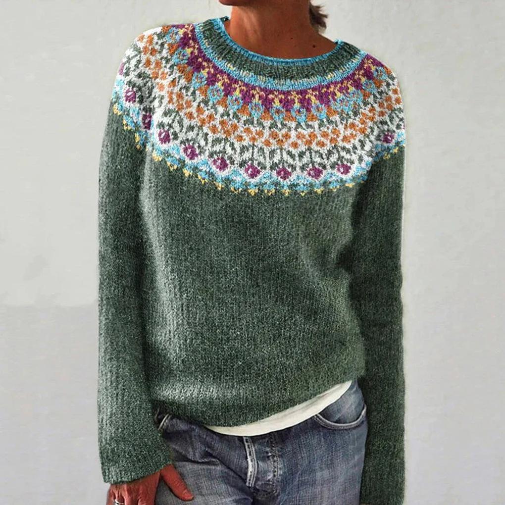Women's Fair Isle Crew-Neck Sweater with Long Sleeves