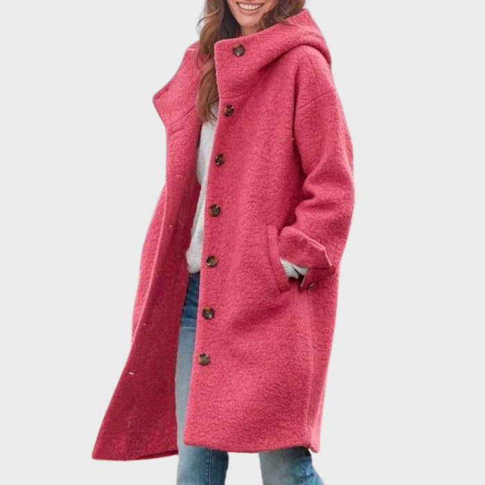 Women's Hooded Button-Front Teddy Coat Mid-Length