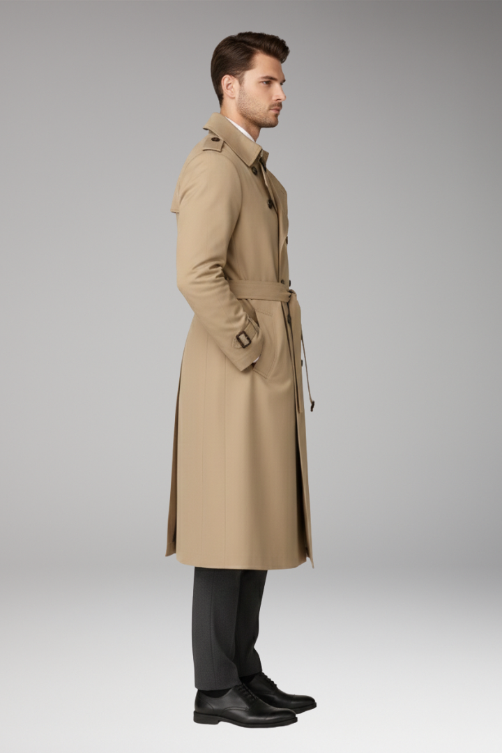 Men's Trench Coat with Belt and Wide Lapels