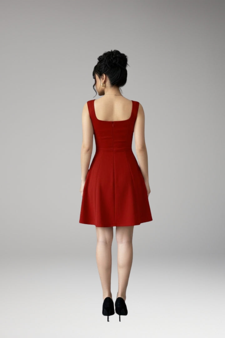 Women's A-Line Dress with Square Neckline and Flowing Skirt