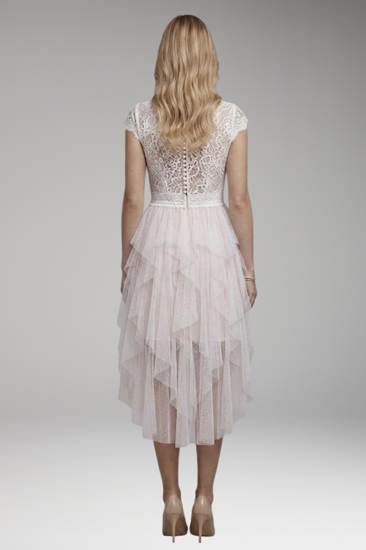 Women's Asymmetrical V-Neck Mesh Dress with Flowy Skirt