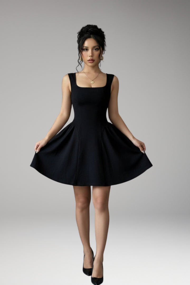 Women's A-Line Dress with Square Neckline and Flowing Skirt
