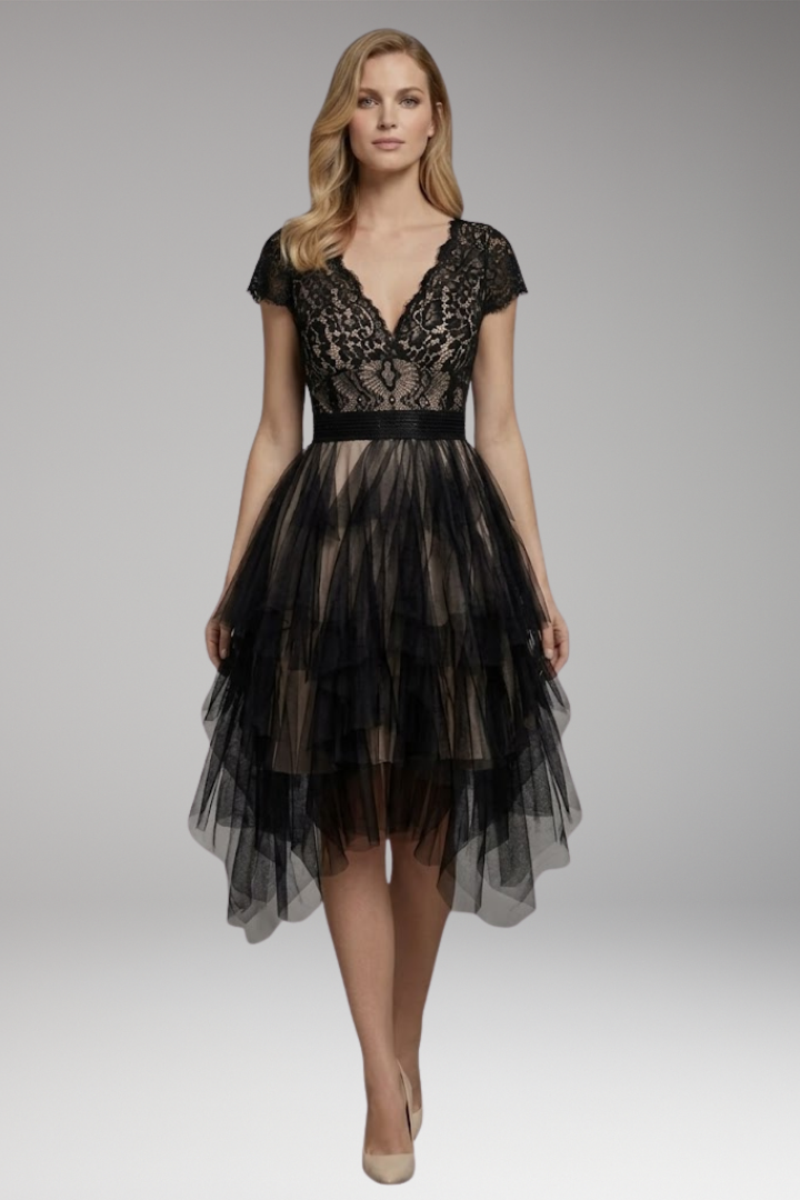 Women's Asymmetrical V-Neck Mesh Dress with Flowy Skirt