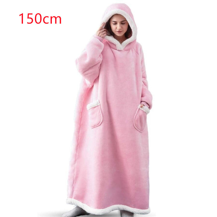 Oversized sherpa hoodie blanket on the couch