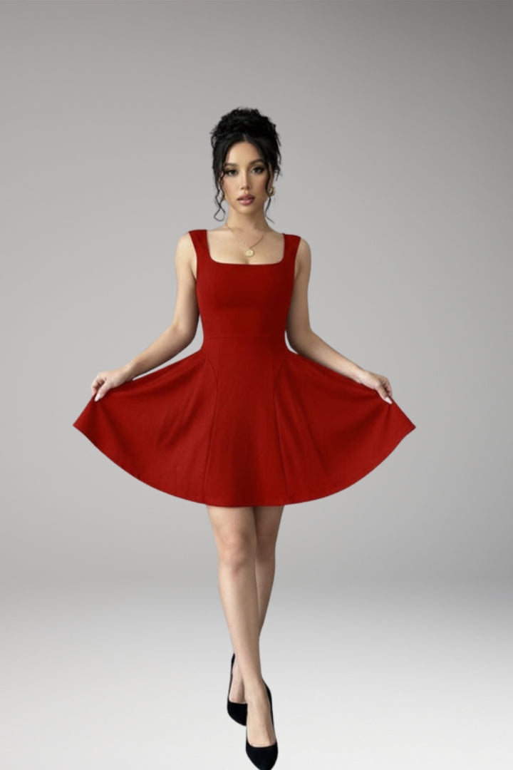 Women's A-Line Dress with Square Neckline and Flowing Skirt