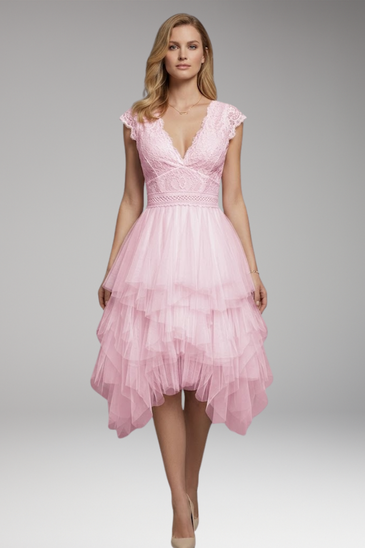 Women's Asymmetrical V-Neck Mesh Dress with Flowy Skirt