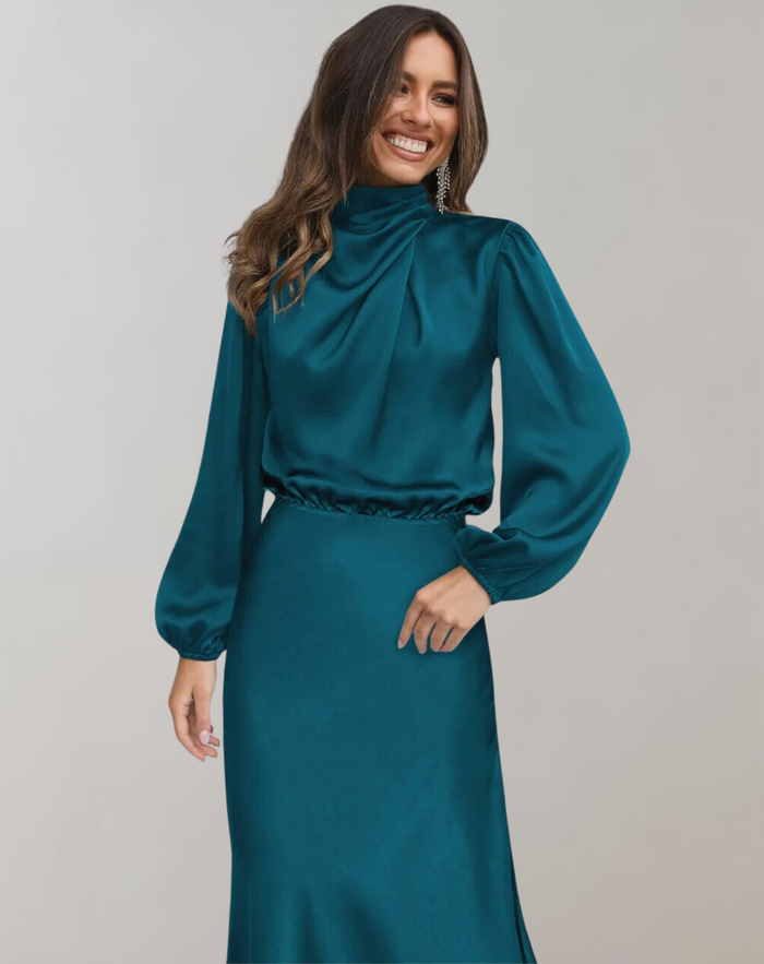 Women's High-Neck Midi Dress Long Bishop Sleeves