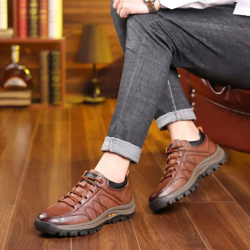 Men's Casual Shoes with Leather Upper and Rubber Sole