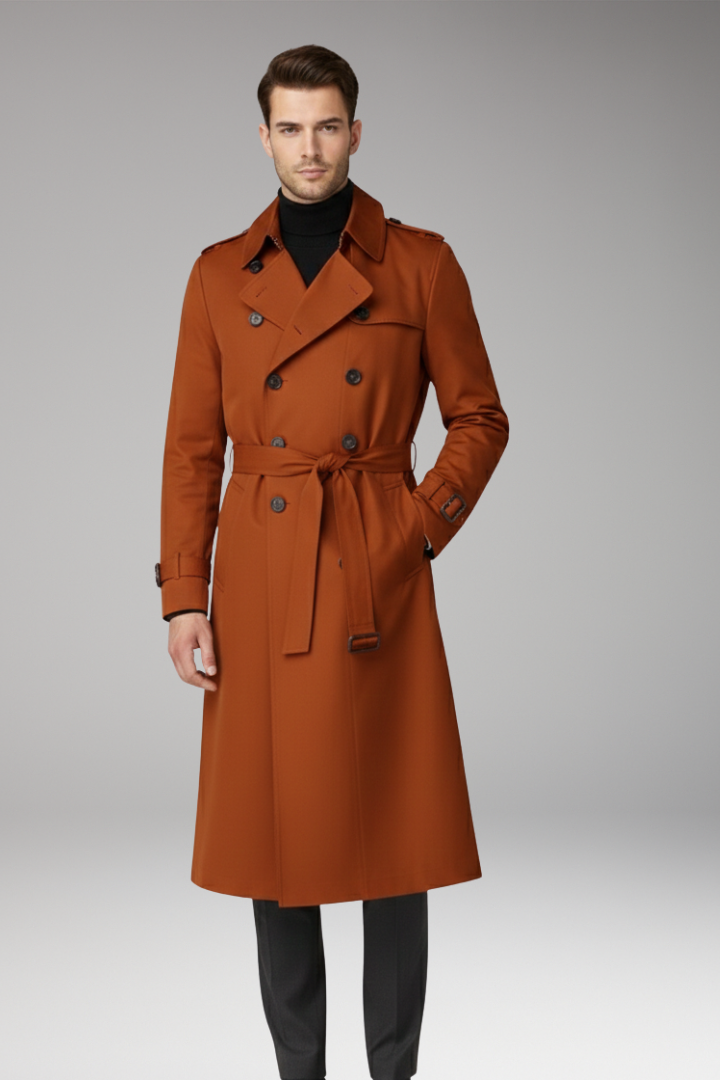 Men's Trench Coat with Belt and Wide Lapels