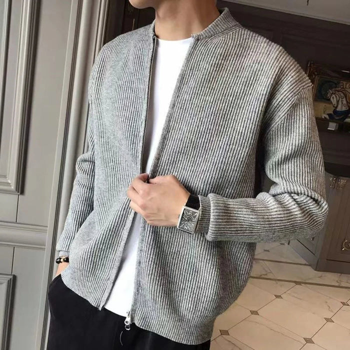 Men's Ribbed Zip-Up Cardigan with Stand Collar