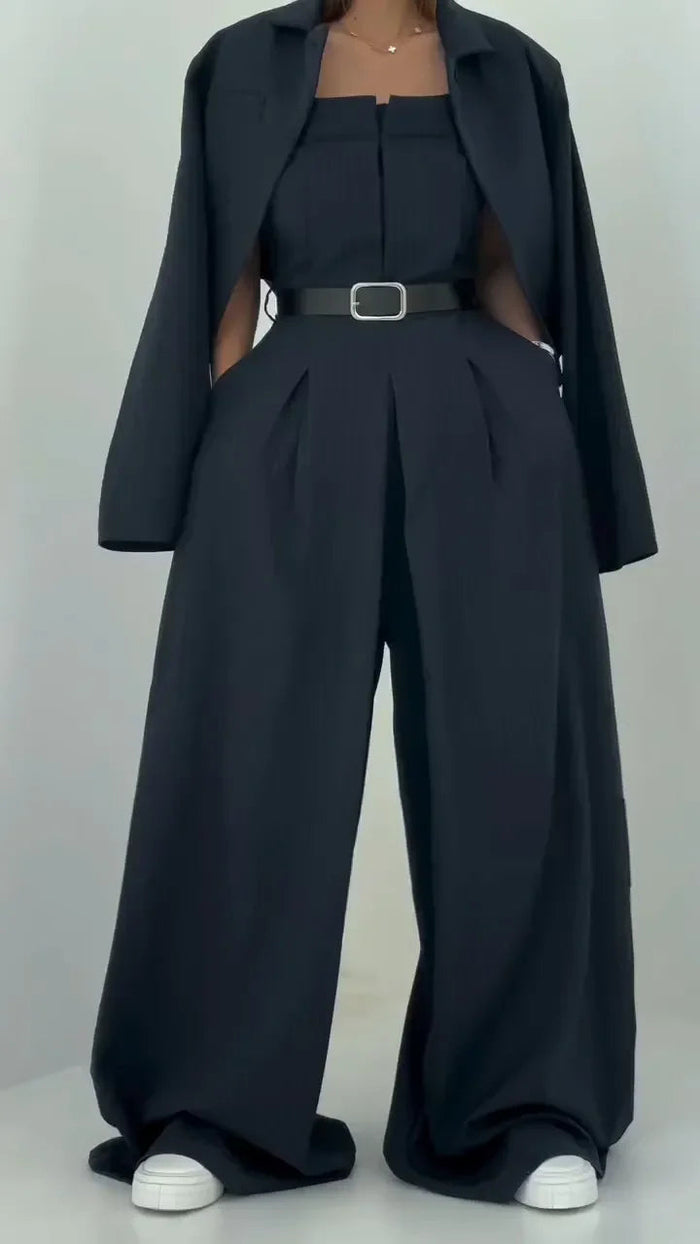Women's Pinstripe Blazer Suit Set with Belt