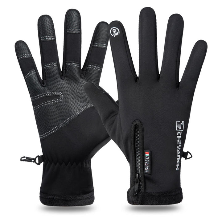 Black waterproof winter gloves with zip pocket