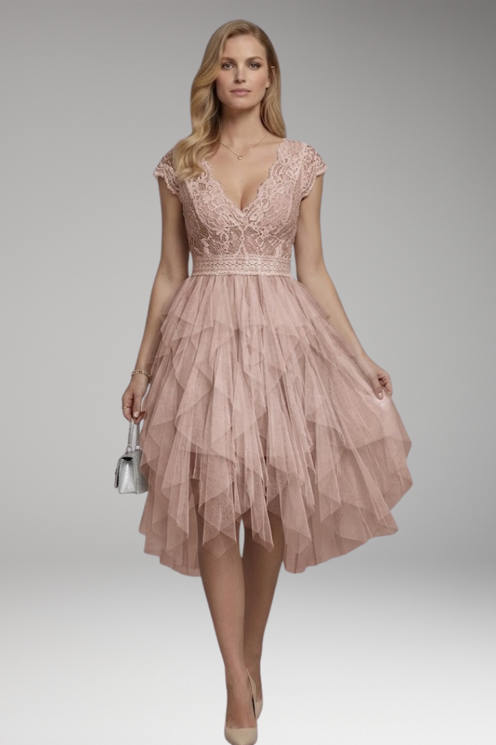 Women's Asymmetrical V-Neck Mesh Dress with Flowy Skirt