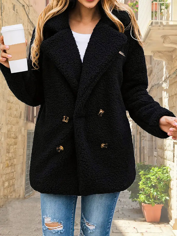 Women's Teddy Coat with Lapel Collar Button Front