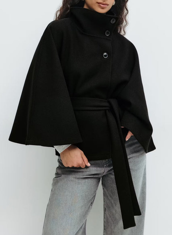 Avery | Cape Coat with High Collar, Batwing Sleeves and Belt