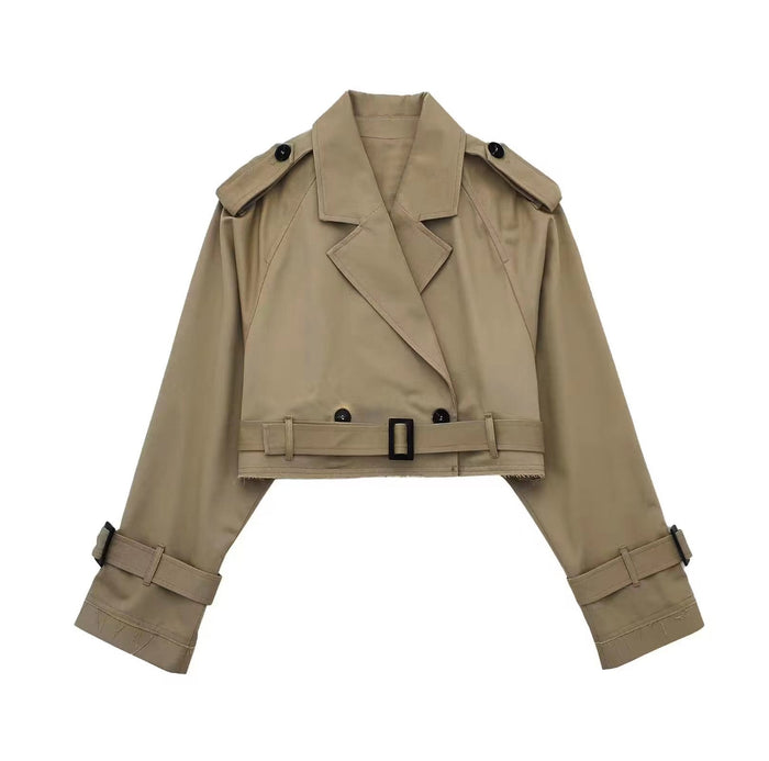 Women's Cropped Trench Coat with Belt and Button Front