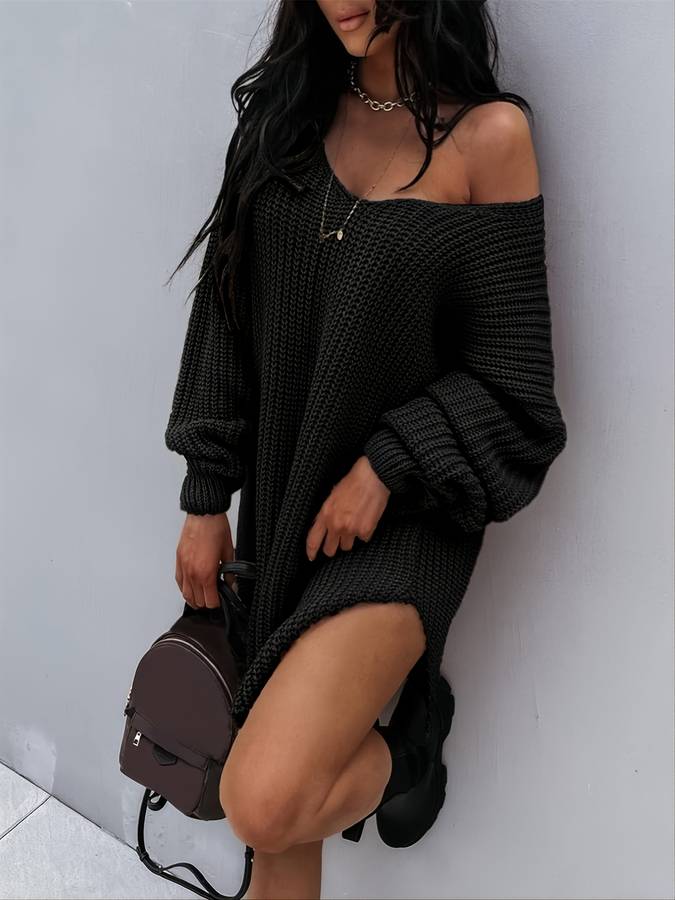 Women's Oversized V-Neck Sweater Dress Long Sleeve
