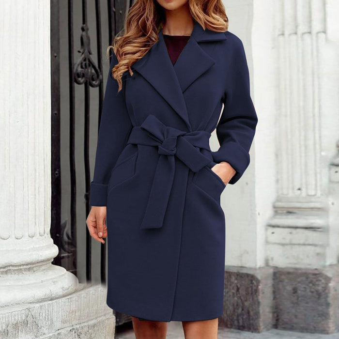 Women's Belted Trench Coat with Notched Lapel Collar