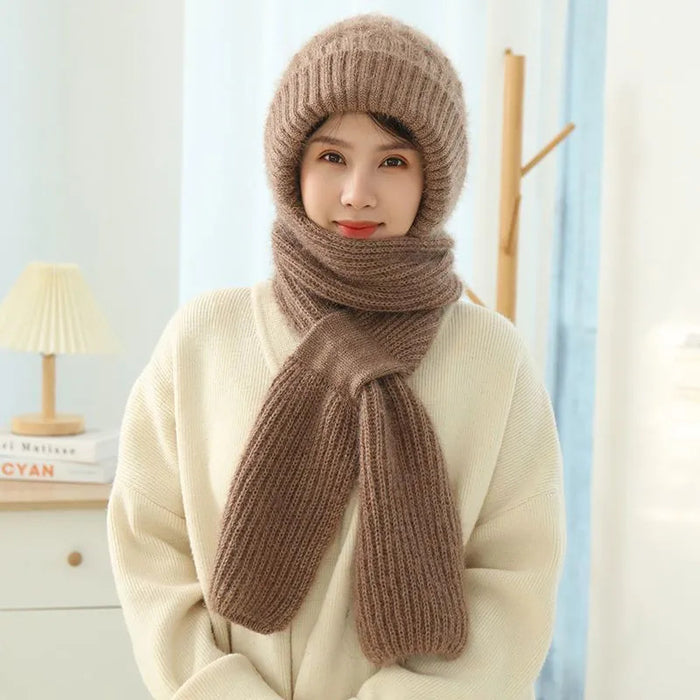 Kinsley | Knit Hooded Hat with Attached Scarf, Fleece Lined
