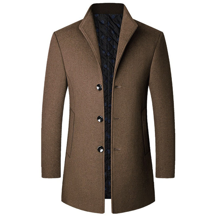 Men's Long Wool Coat Stand Collar Button Front