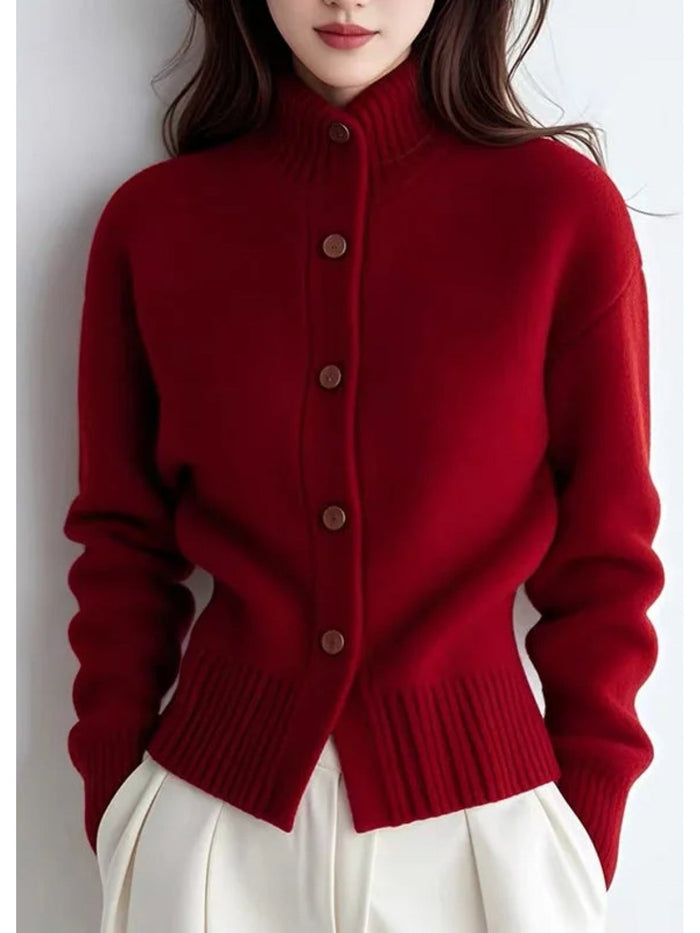 Women's High-Neck Button-Front Cardigan with Ribbed Hem