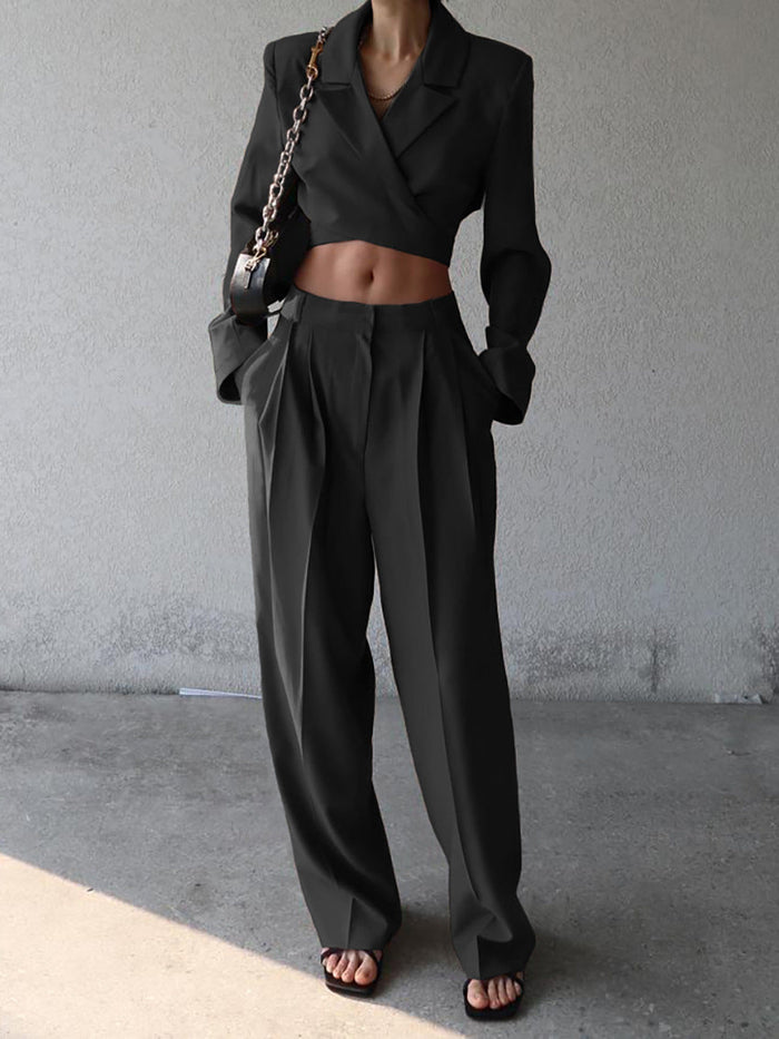 Women's Cropped Blazer Wide-Leg Trousers Two-Piece Set