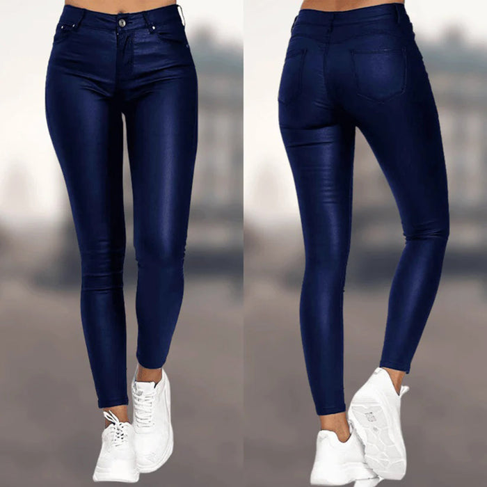 Women's Coated Skinny Trousers with Five-Pocket Style