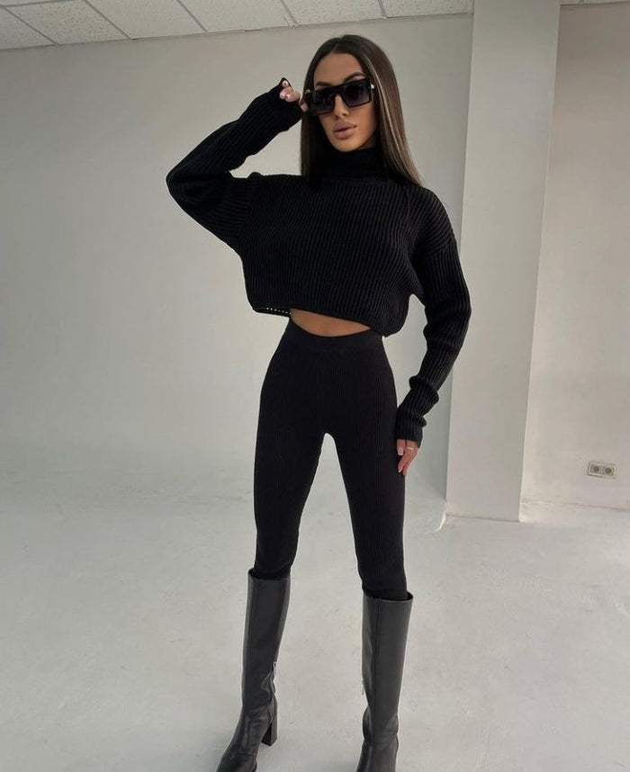 Women's Cropped Turtleneck Top with Matching Leggings Set